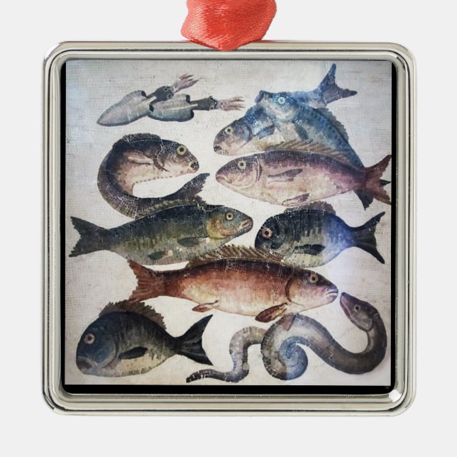 ORNAMENTO DE METAL MOSAÍDOS ROMANOS ANTIGOS, PESCAS, CENA CÉLULA DE V (Frente)