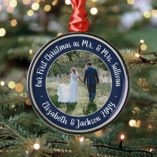 Ornamento De Metal Mr & Mrs 1º Natal Roteiro de Foto Azul-Navy e Bran