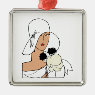 Ornamento De Metal Mulher Art Déco Vintage com Flores Usando Chapéu C