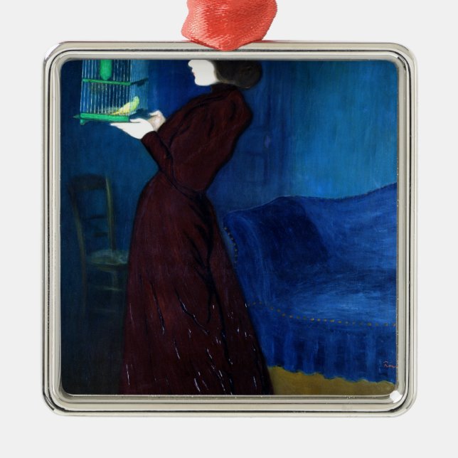 Ornamento De Metal Mulher com uma gaiola de pássaro (Frente)