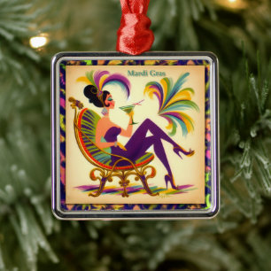 Ornamento De Metal Mulher de Martini Retro Meados do Século Mardi Gra