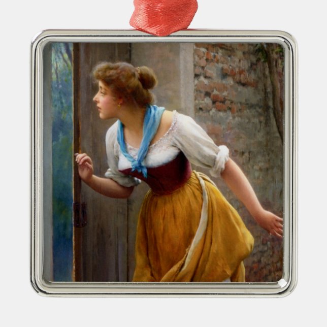 Ornamento De Metal Mulher Eavesdroping (por Eugene de Blaas) (Frente)