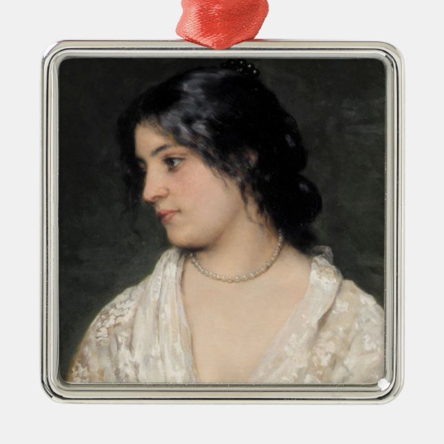 Ornamento De Metal Mulher jovem com colar de pérolas (Frente)