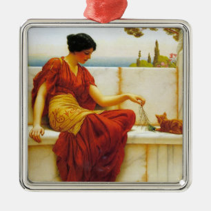 Ornamento De Metal Mulher Romana Brincando com seu Gato Favorito