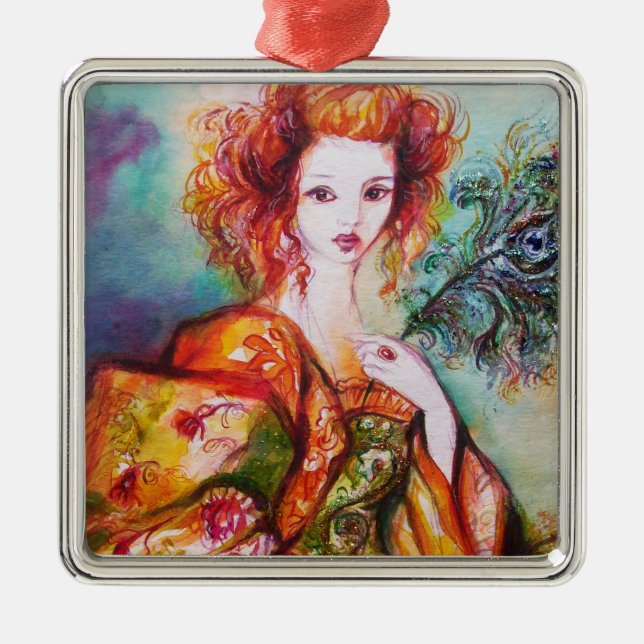 ORNAMENTO DE METAL MULHER ROMÂNTICA COM PENA DE PAZ ESPUMANTE (Frente)