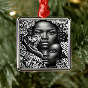 Ornamento De Metal Mulheres Afro-Americanas Abstratas em Preto e Bran