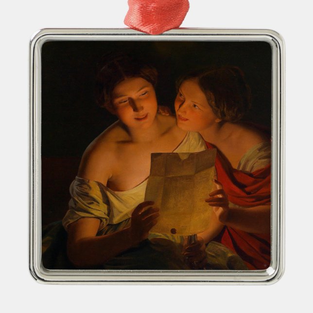 Ornamento De Metal Mulheres lendo uma carta de amor (por Waldmüller) (Frente)