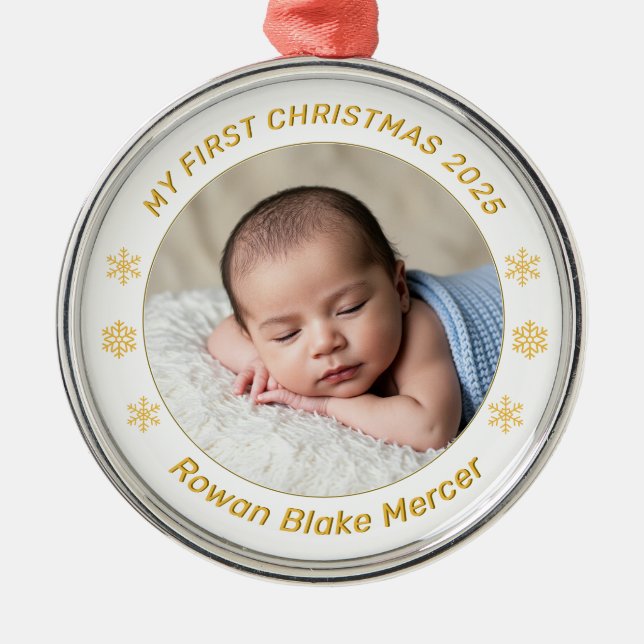 Ornamento De Metal My First Christmas Gold Personalized Baby Photo  (Frente)