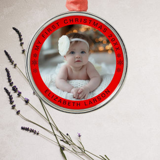 Ornamento De Metal My First Christmas Personalized Baby Photo Red