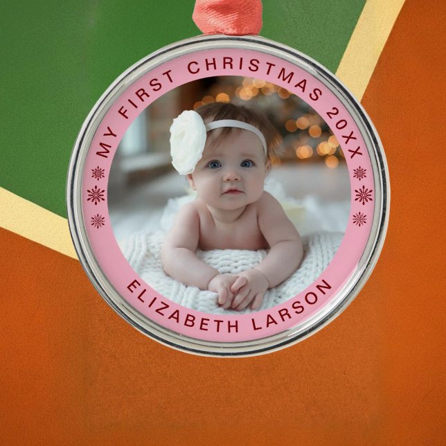 Ornamento De Metal My First Christmas Personalized Baby Photo Red (Criador carregado)
