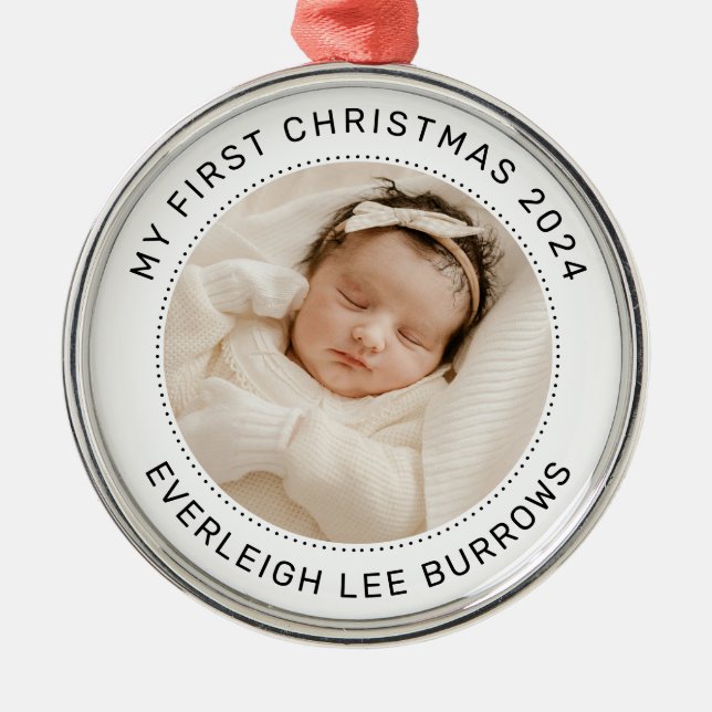 Ornamento De Metal My First Christmas White Personalized Baby Photo  (Frente)