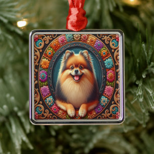 Ornamento De Metal Na moda Pomerânia Cão Floral Colorida Fronteira