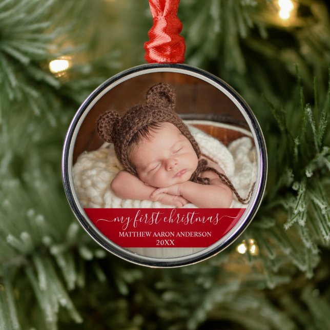 Ornamento De Metal Na moda Script My First Christmas Baby Red (Árvore)