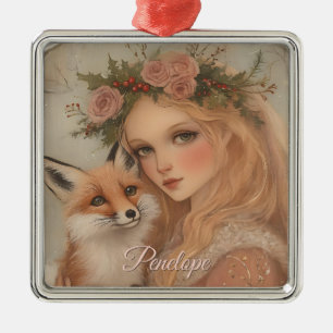 Ornamento De Metal Natais vintages Personalizados Garota e Raposa