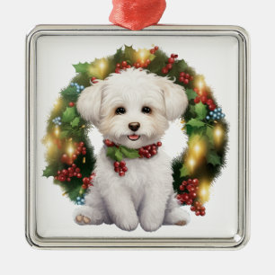ORNAMENTO DE METAL NATAL ADORÁVEL BICHON FRISE DOG WREATH