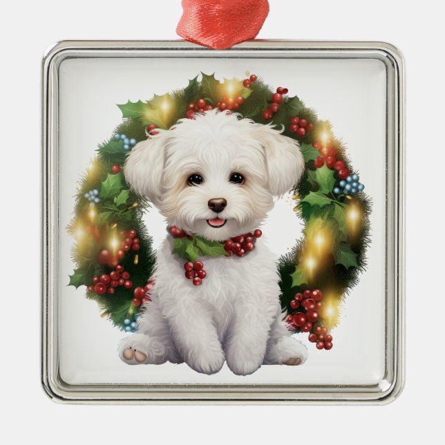 ORNAMENTO DE METAL NATAL ADORÁVEL BICHON FRISE DOG WREATH (Frente)