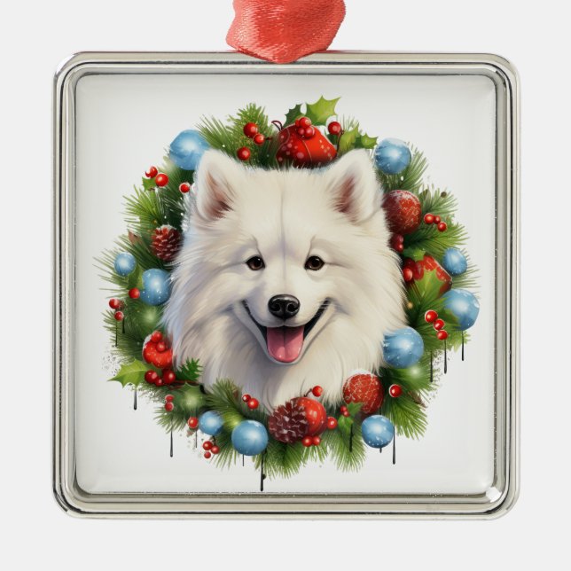ORNAMENTO DE METAL NATAL ADORÁVEL SAMOYY DOG WREATH (Frente)