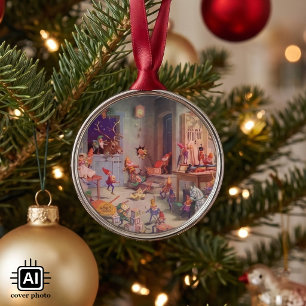 Ornamento De Metal Natal Antigo, Papai Noel com Oficina de Elfos