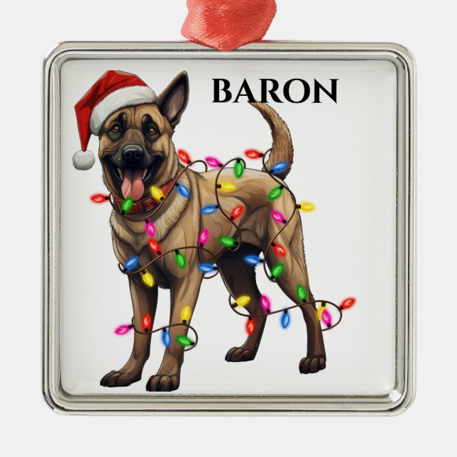 ORNAMENTO DE METAL NATAL BELGA MALINOIS LUZ DE CÃO (Frente)