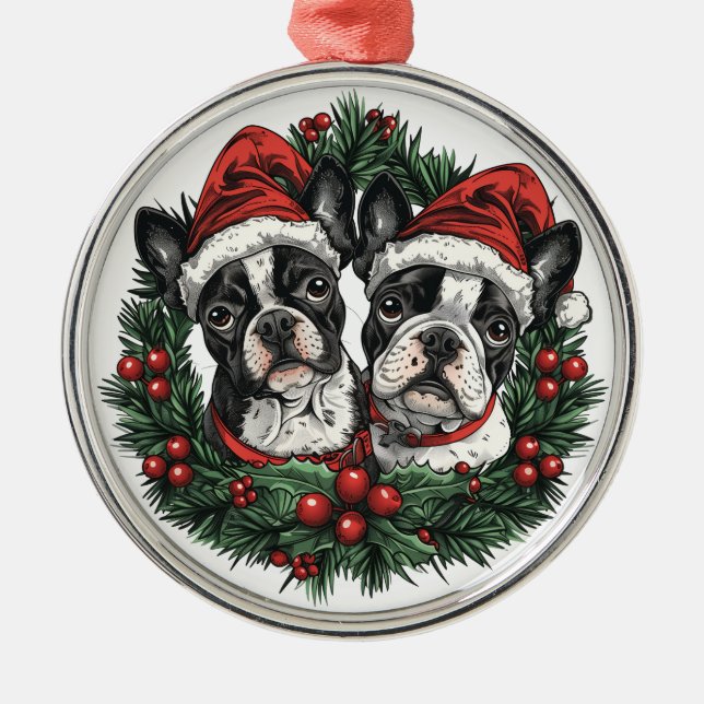 Ornamento De Metal Natal Boston Terrier Cães Feriado Feriado Feriado  (Frente)