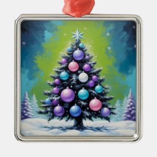 Ornamento De Metal Natal de pop Art Synthwave com Violeta Verde Ácido