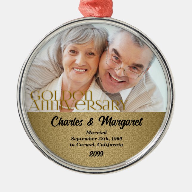 Ornamento De Metal Natal do Damask no Ouro 50º aniversário (Frente)