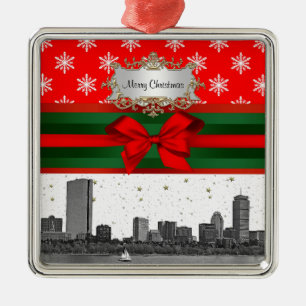 Ornamento De Metal Natal do Floco de Neve Vermelho em Boston Skyline