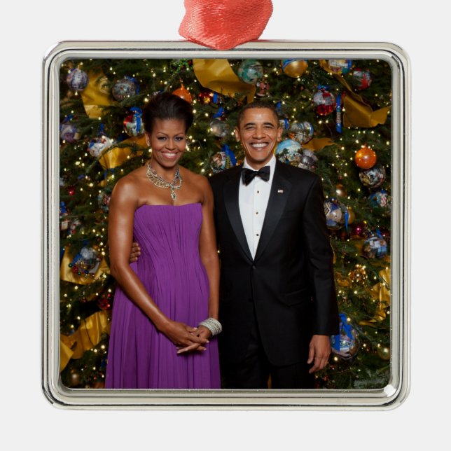 Ornamento De Metal Natal do Presidente Barack Obama e Michelle (Frente)