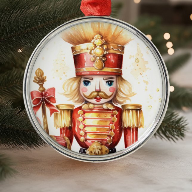 Ornamento De Metal Natal Dourado Festivo Festivo (Red Gold Festive Nutcracker Christmas Metal Ornament)