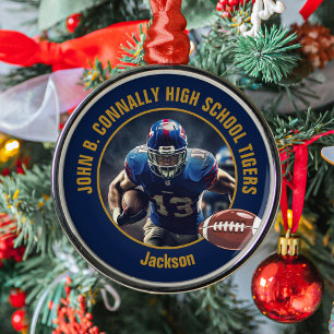Ornamento De Metal Natal Foto de Jogador de Futebol Azul Marinho Dour