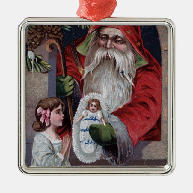 Ornamento De Metal Natal GreetingSanta que dá a boneca (Frente)