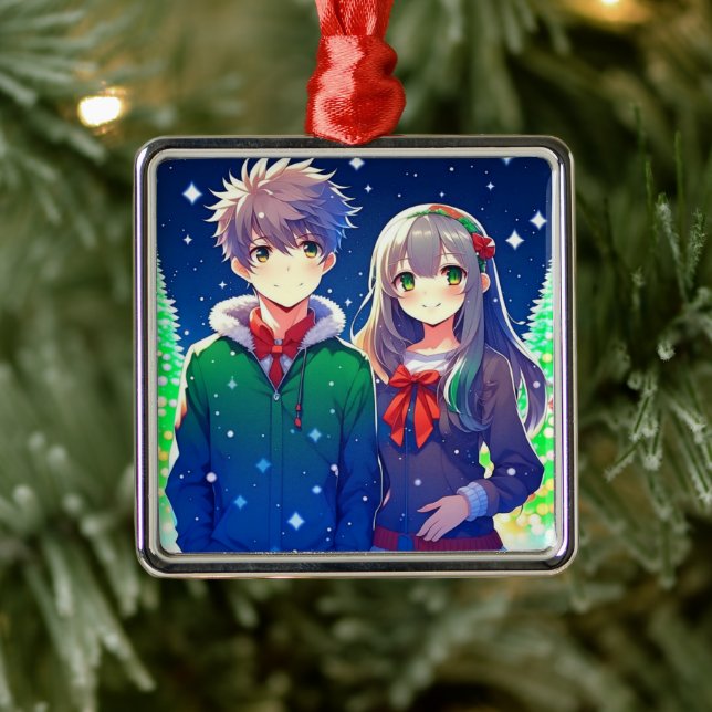 Ornamento De Metal Natal Personalizado Romântico do Casal de Animes (Árvore)
