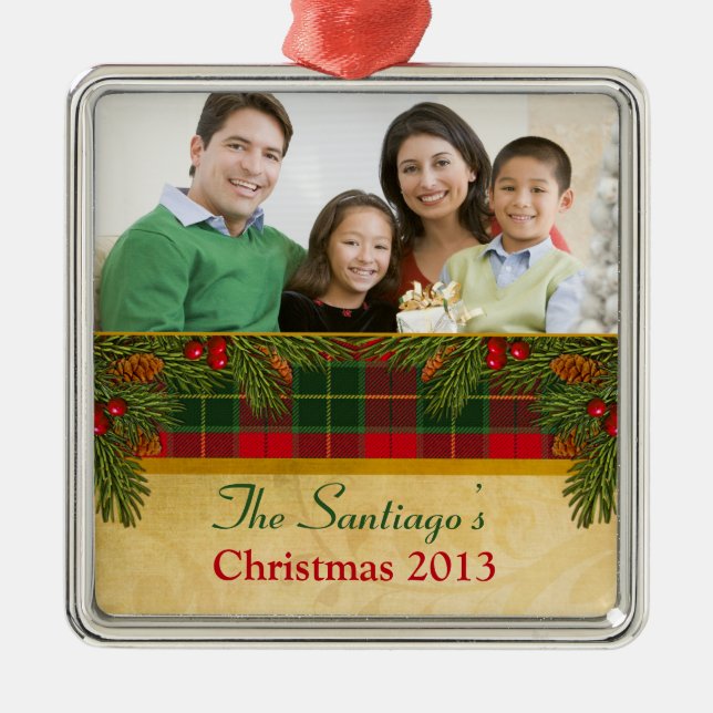 Ornamento De Metal Natal Tradicional Tartan Xadrez Red Xmas (Frente)