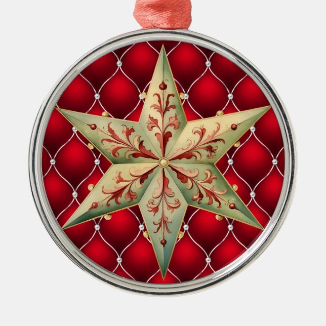 ORNAMENTO DE METAL NATAL TUFADO VERMELHO COM ESTRELA VERMELHA E VERME (Frente)