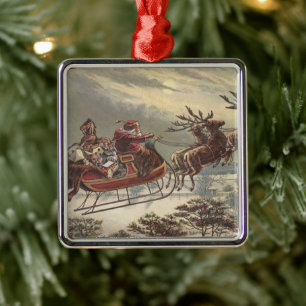 Ornamento De Metal Natal vintage, Victorian Papai Noel no trenó