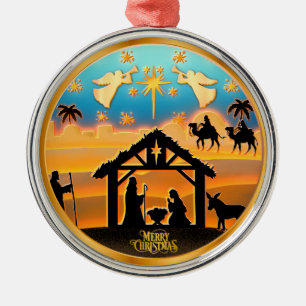 Ornamento De Metal Natividade Dourada Personalizada "Feliz Natal"