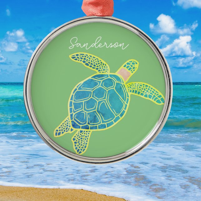 Ornamento De Metal Nautical Coastal Sea Turtle  Blue Yellow Green   (Criador carregado)