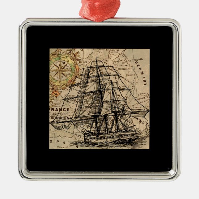 Ornamento De Metal Navio Antigo e Mapa (Frente)