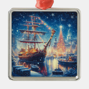 Ornamento De Metal Navio atracado de Natal/Inverno