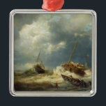 Ornamento De Metal Navios em tempestade na costa neerlandesa<br><div class="desc">Este design apresenta uma pintura do artista alemão Andreas Achenbach (1815-1910), que foi associado ao movimento romântico e à Escola de Arte de Düsseldorf. Ele retrata um grupo de navios que os capitães estão lutando para dirigir em uma tempestade desolada. As ondas na água são fortes e ferozes. Há alguns...</div>
