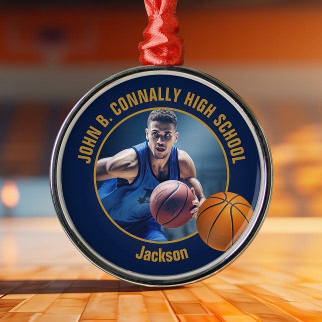 Ornamento De Metal Navy Blue Gold Basketball Player Photo Christmas (Criador carregado)