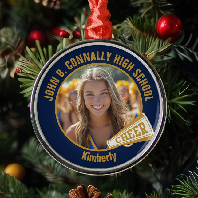 Ornamento De Metal Navy Blue Gold Cheerleader Photo Christmas (Criador carregado)