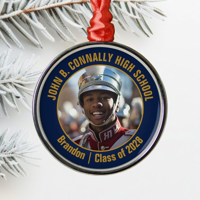 Ornamento De Metal Navy Blue Gold Marching Band Photo Christmas (Criador carregado)