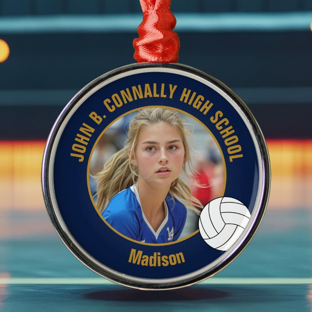 Ornamento De Metal Navy Blue Gold Volleyball Player Photo Christmas (Criador carregado)