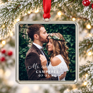 Ornamento De Metal Nome de Casamento Mr e Mrs Foto Quadrada Elegante