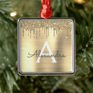 Ornamento De Metal Nome do Monograma Dourado com Glitter Brugado Meta