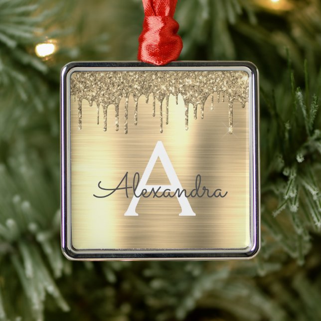 Ornamento De Metal Nome do Monograma Dourado Glitter Brugado Metal (Árvore)