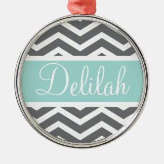 Ornamento De Metal Nome do Teal Chevron Branco da cinza