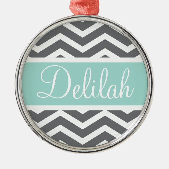 Ornamento De Metal Nome do Teal Chevron Branco da cinza (Frente)