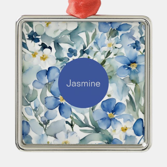 Ornamento De Metal Nome Floral Azul Mínimo Moderno Profissional (Frente)